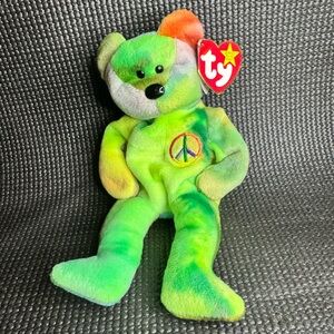 ☮️ Ty Beanie Babies Peace Bear ☮️ ERRORS-👀 MISSPELLING- Green Pajamas